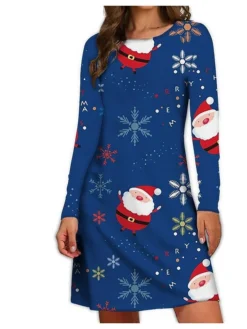 Women's Christmas Casual Dress Sheath Dress Mini Dress Blue Wine Dark Green Long Sleeve Santa Claus Print Winter Fall Autumn Crew Neck 2022 S M L XL 2XL 3XL
