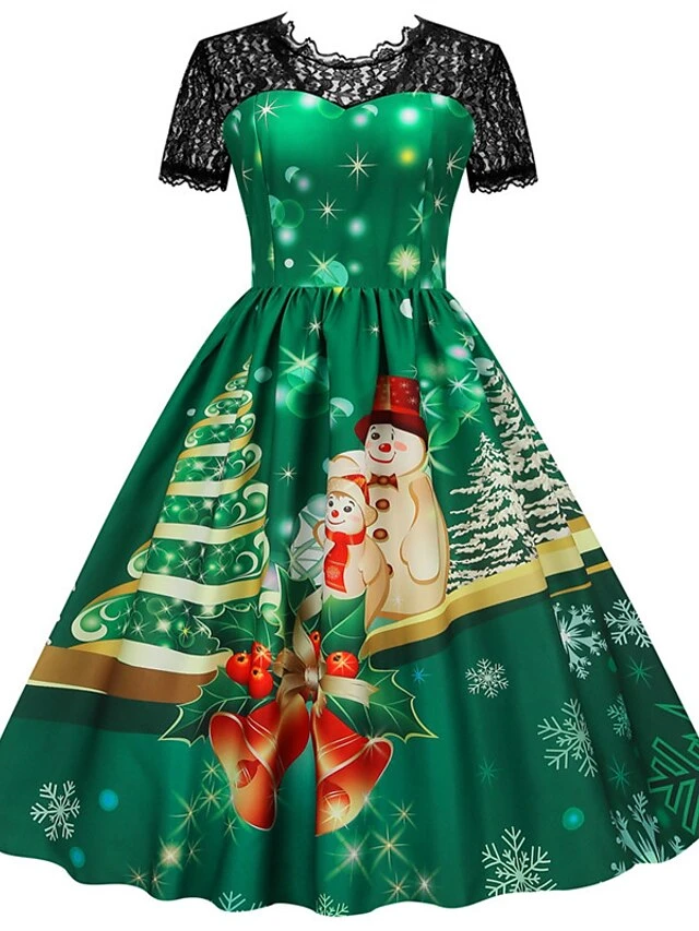 Women's Christmas Swing Dress Vintage DressKnee Length Dress Green Wine Dark Green Fuchsia Red Black Short Sleeve Santa Claus Snowman Snowflake Lace Print Fall Winter V Neck Vacation Vintage 2022 S 8 Women's Christmas Swing Dress Vintage DressKnee Length Dress Green Wine Dark Green Fuchsia Red Black Short Sleeve Santa Claus Snowman Snowflake Lace Print Fall Winter V Neck Vacation Vintage 2022 S - Image 8