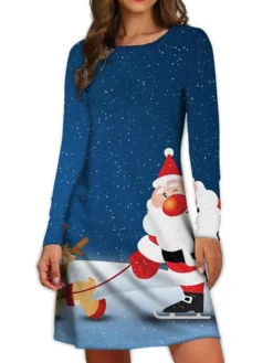Women's Christmas Casual Dress Sheath Dress Mini Dress Blue Wine Dark Green Long Sleeve Santa Claus Print Winter Fall Autumn Crew Neck 2022 S M L XL 2XL 3XL -Fashion Life Shop rarzzq1667980584108