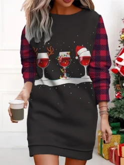 Women's Christmas Casual Dress Sweatshirt Dress Mini Dress Warm Fashion OutdoorVacation Crew Neck Print Santa Claushat Loose Fit ArmyGreen Black White S M L XL XXL -Fashion Life Shop raycno1695365436372