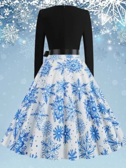 Women's Christmas Swing Dress Vintage DressKnee Length Dress Green Blue Wine Light Red Dark Green Red Long Sleeve Floral Snowman Tree Bow Print Fall Winter V Neck Vintage Fashion Casual 2022 S M L -Fashion Life Shop rbjwcj1668077094334