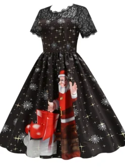 Women's Christmas Knee Length Dress Blue Purple Wine Green Black Red Short Sleeve Print Lace Print Fall Winter Round Neck CasualRegular Fit 2021 S M L XL XXL 3XL -Fashion Life Shop rdlexo1632737573937