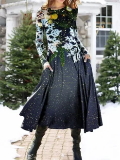 Women's Casual Dress Swing Dress Midi Dress Black Gold Red Long Sleeve Plaid Pocket Winter Fall Spring Crew Neck Fashion Christmas Daily Weekend 2022 S M L XL XXL 3XL