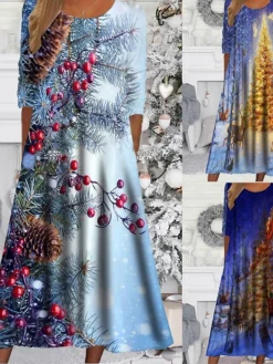 Women's Christmas Casual Dress Swing DressMidi Dress Royal Blue Navy Blue Light Blue Long Sleeve Elk Tree Pocket Print Fall Winter Round Neck Vacation Casual 2022 S M L XL XXL 3XL