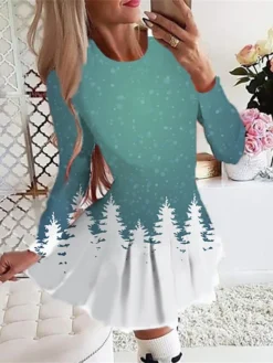Women's Christmas Swing DressShort Mini Dress Light Pink Green Blue Red Light Blue Long Sleeve Plaid Santa Claus Tree Pleated Print Fall Winter Crew Neck Stylish Romantic -Fashion Life Shop remven1665485245161