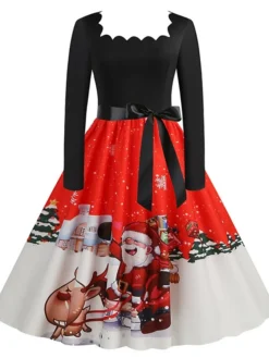Women's Christmas Casual Dress Vintage Dress Midi Dress Black Blue Wine Long Sleeve Santa Claus Bow Winter Fall Spring Square Neck Vacation Christmas Daily Vacation 2022 S M L XL XXL 3XL -Fashion Life Shop reqmky1667637133624