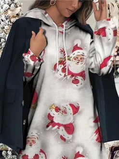 Women's Christmas Dress Hoodie Dress Mini Dress Fashion Daily Outdoor Christmas Going Out V Neck Pocket Print Santa Claus Loose Fit Gray S M L XL XXL -Fashion Life Shop reqmyk1697539007736