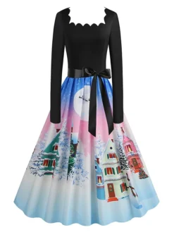 Women's Christmas Vintage Dress Swing Dress Mini Dress Black Pink Dark Blue Red Navy Blue Light Blue Long Sleeve Santa Claus Elk Snowman With Belt Print Winter Fall Square Neck 2022 S M L XL -Fashion Life Shop rfgfha1666676136515