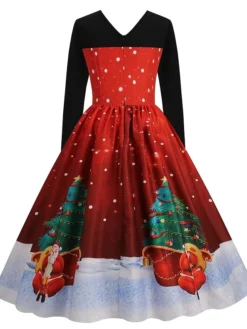 Women's Christmas Swing Dress Midi Dress Black Long Sleeve Santa Claus Print Winter Fall Autumn Crew Neck Modern 2022 S M L XL 2XL 3XL -Fashion Life Shop rgtgha1667980618347