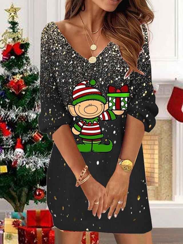 Women‘s Christmas Sweatshirt Dress Shift Dress Elf Mini Dress Green Black Red 3/4 Length Sleeve Graphic Print Winter Fall Spring V Neck Fashion Daily 2022 S M L XL XXL 3XL 2 Women‘s Christmas Sweatshirt Dress Shift Dress Elf Mini Dress Green Black Red 3/4 Length Sleeve Graphic Print Winter Fall Spring V Neck Fashion Daily 2022 S M L XL XXL 3XL - Image 2