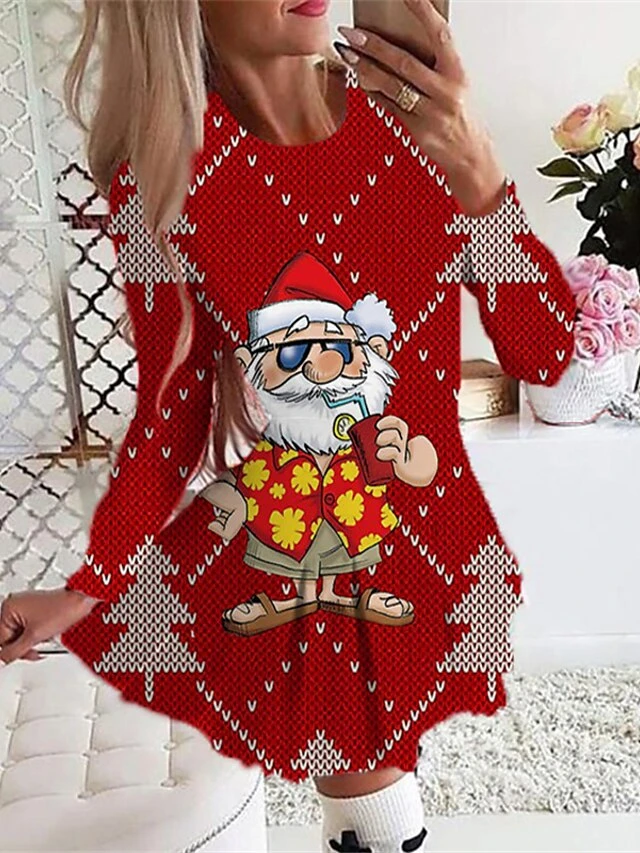 Women's Christmas Swing DressShort Mini Dress Green Red Beige White Black Long Sleeve Plaid Santa Claus Elk Pleated Print Fall Winter Crew Neck Stylish Romantic 2022 S M L XL 2XL 4 Women's Christmas Swing DressShort Mini Dress Green Red Beige White Black Long Sleeve Plaid Santa Claus Elk Pleated Print Fall Winter Crew Neck Stylish Romantic 2022 S M L XL 2XL - Image 4