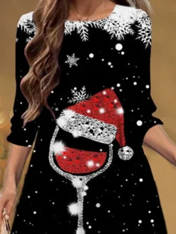 Women's Christmas Casual Dress Shift Dress Midi Dress Black 3/4 Length Sleeve Snowflake Ruched Winter Fall Autumn Fashion Christmas Daily 2022 S M L XL XXL 3XL -Fashion Life Shop rhlzsb1667815872788