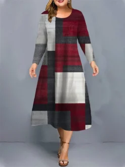 Women's Plus Size Curve Christmas Dress Casual Dress Skater Dress Plaid Midi Dress Long Sleeve Print Crew Neck Fashion Outdoor White Wine Fall Winter L XL XXL 3XL 4XL