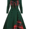 Women‘s Christmas Swing Dress Plaid Dress Vintage Dress Midi Dress Green Long Sleeve Plaid Button Winter Fall Spring Square Neck Modern Vacation 2022 S M L XL XXL 3XL