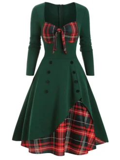Women‘s Christmas Swing Dress Plaid Dress Vintage Dress Midi Dress Green Long Sleeve Plaid Button Winter Fall Spring Square Neck Modern Vacation 2022 S M L XL XXL 3XL
