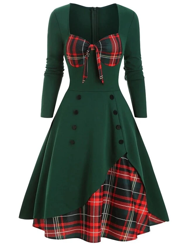 Women‘s Christmas Swing Dress Plaid Dress Vintage Dress Midi Dress Green Long Sleeve Plaid Button Winter Fall Spring Square Neck Modern Vacation 2022 S M L XL XXL 3XL 1 Women‘s Christmas Swing Dress Plaid Dress Vintage Dress Midi Dress Green Long Sleeve Plaid Button Winter Fall Spring Square Neck Modern Vacation 2022 S M L XL XXL 3XL
