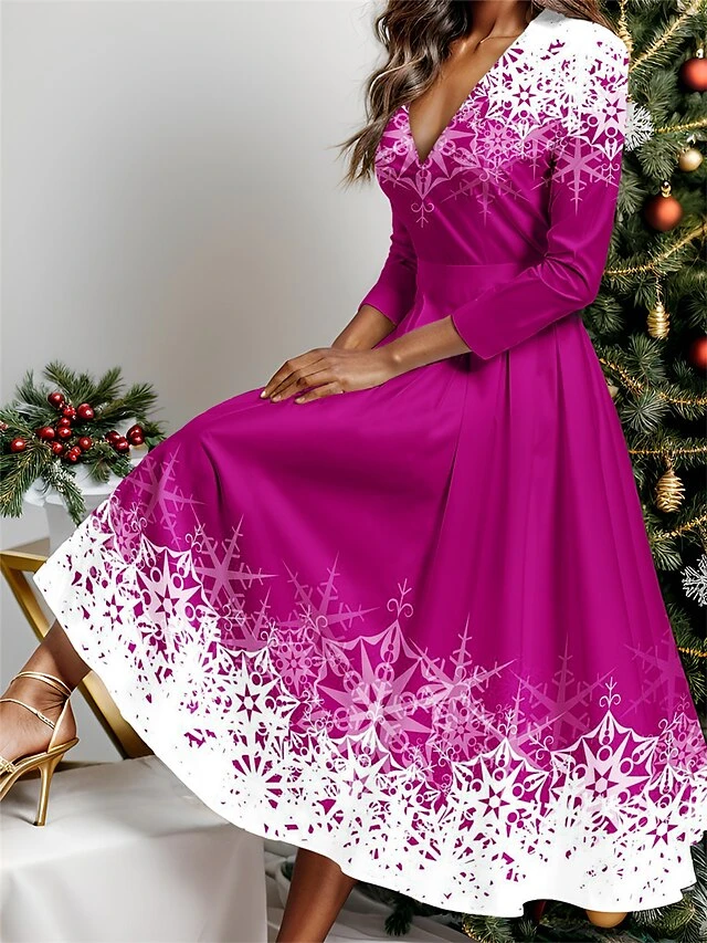 Women's Casual Dress Christmas Dress Winter Dress Snowflake Print V Neck Midi Dress Fashion Streetwear Outdoor Christmas 3/4 Length Sleeve Regular Fit Wine Blue Sky Blue Fall Winter S M L XL XXL 4 Women's Casual Dress Christmas Dress Winter Dress Snowflake Print V Neck Midi Dress Fashion Streetwear Outdoor Christmas 3/4 Length Sleeve Regular Fit Wine Blue Sky Blue Fall Winter S M L XL XXL - Image 4