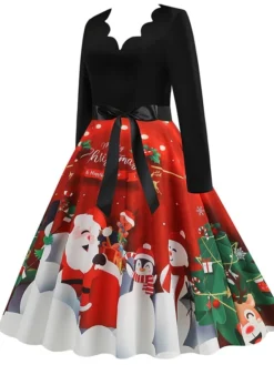 Women's Christmas Casual Dress Swing Dress Midi Dress Green Wine Light Red Fuchsia Red Long Sleeve Santa Claus Elk Bow Print Winter Fall V Neck Vacation Vintage 2022 S M L XL XXL 3XL -Fashion Life Shop rjnnqt1666761911526