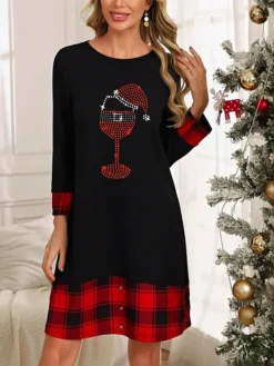 Women's Casual Dress Plaid Dress Winter Dress Floral Santa Claus Patchwork Button Crew Neck Midi Dress Active Fashion Outdoor Christmas Long Sleeve Loose Fit Black And White Black White Fall Winter S -Fashion Life Shop rjwzvs1697192211220