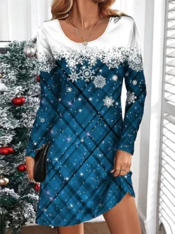 Women's Casual Dress Christmas Dress T Shirt Dress Tee Dress Plaid Snowflake Print V Neck Mini Dress Fashion Streetwear Outdoor Christmas Long Sleeve Loose Fit Black Wine Blue Fall Winter S M L XL XXL -Fashion Life Shop rktvop1695383043946