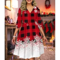 Women's Christmas Print Dress Green Blue Purple Red Black Long Sleeve Elk Snowman Tree Print Winter Autumn V Neck Fashion Casual Fall Dress Loose Fit 2022 S M L XL 2XL 3XL 4XL 5XL 6XL -Fashion Life Shop rkysbd1668426777237