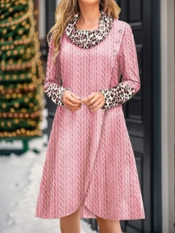 Women's Casual Dress Christmas Dress Sweater Dress Leopard Print Cowl Neck Midi Dress Fashion Streetwear Outdoor Christmas Long Sleeve Regular Fit Pink Fall Winter S M L XL XXL