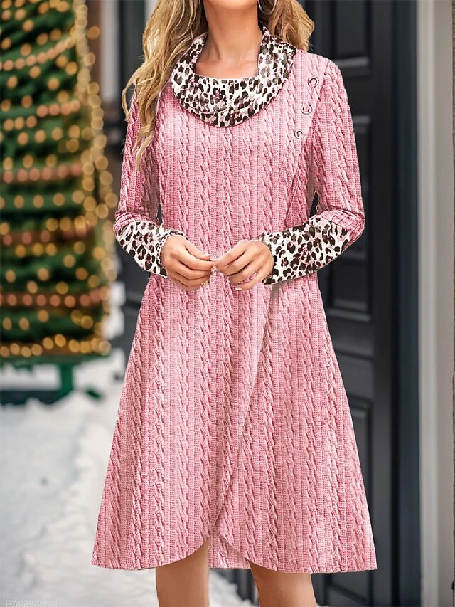 Women's Casual Dress Christmas Dress Sweater Dress Leopard Print Cowl Neck Midi Dress Fashion Streetwear Outdoor Christmas Long Sleeve Regular Fit Pink Fall Winter S M L XL XXL 1 Women's Casual Dress Christmas Dress Sweater Dress Leopard Print Cowl Neck Midi Dress Fashion Streetwear Outdoor Christmas Long Sleeve Regular Fit Pink Fall Winter S M L XL XXL