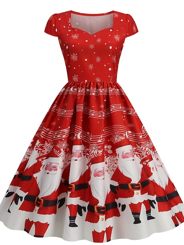 Women's Christmas Swing Dress Vintage DressKnee Length Dress Blue Wine Red Light BlueShort Sleeve Santa Claus Snowman Tree Print Fall Winter Square Neck Vintage Elegant Slim 2022 S M L XL 2 Women's Christmas Swing Dress Vintage DressKnee Length Dress Blue Wine Red Light BlueShort Sleeve Santa Claus Snowman Tree Print Fall Winter Square Neck Vintage Elegant Slim 2022 S M L XL - Image 2