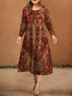 Women's Plus Size Curve Christmas Dress Casual Dress Vintage Dress Geometric Color Block Midi Dress Long Sleeve Print Crew Neck African Outdoor Yellow Brown Fall Winter L XL XXL 3XL 4XL