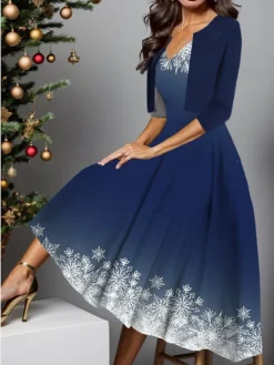 Women's Two Piece Dress Set Casual Dress Swing Dress Outdoor Christmas Fashion Elegant Print Midi Dress V Neck Half Sleeve Christmas Tree Snowflake Regular Fit Wine Red Navy Blue Fall Winter S M L XL -Fashion Life Shop rmqcrs1697181064068