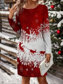 Women's Christmas Dress Casual Dress Mini Dress Active Fashion Outdoor Christmas Holiday Crew Neck Print Snowflake Deer Loose Fit Wine Red Blue S M L XL XXL