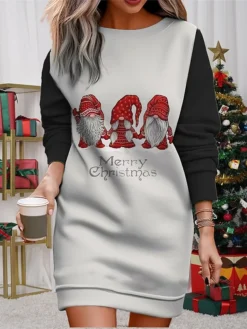 Women's Christmas Casual Dress Sweatshirt Dress Mini Dress Warm Fashion Outdoor Vacation Crew Neck Print Geometric Santa Claus Loose Fit Black Red Burgundy S M L XL XXL -Fashion Life Shop rmtvpc1695365430489