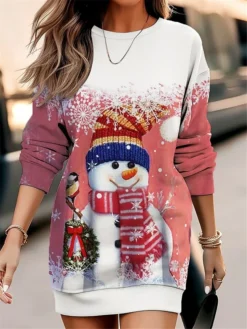 Women's Christmas Casual Dress Sweatshirt Dress Mini Dress Warm Fashion Outdoor Vacation Crew Neck Print Snowman Loose Fit Pink Red Green S M L XL XXL -Fashion Life Shop rmxpoh1695365422418