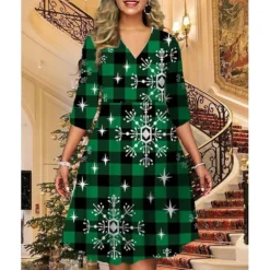 Women's Christmas Print Dress Wine Light Red Dark Green Red Black Long Sleeve Elk SnowmanTree Print Winter Autumn V Neck Fashion CasualFall Dress Loose Fit 2022 S M L XL 2XL 3XL 4XL 5XL -Fashion Life Shop rnbfvs1668427178592