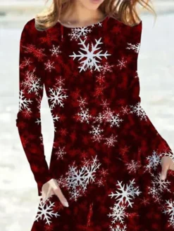 Women's Christmas Casual Dress Swing Dress Midi Dress Wine Long Sleeve Snowflake Pocket Winter Fall Autumn Fashion Christmas Daily 2022 S M L XL XXL 3XL -Fashion Life Shop rneopl1667793149213