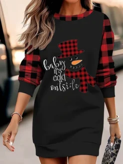 Women's Christmas Casual Dress Sweatshirt Dress Mini Dress Warm Fashion Outdoor Vacation Crew Neck Print Snowman Hat Loose Fit Black White Wine S M L XL XXL -Fashion Life Shop rnnqxi1695371443299