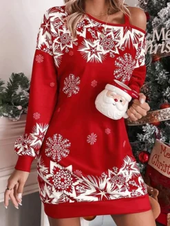 Women's Casual Dress Christmas Dress Winter Dress Snowflake Cold Shoulder Print V Neck Mini Dress Active Fashion Outdoor Christmas Long Sleeve Loose Fit Red Fall Winter S M L XL -Fashion Life Shop rnptin1697537429194