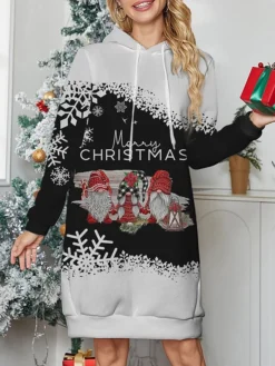 Women's Christmas Casual Dress Hoodie Dress Mini Dress Warm Fashion OutdoorHoliday V Neck Print Santa Claus Snowman Snowflake Loose Fit Black Wine Gray S M L XL XXL -Fashion Life Shop roarsj1695722030465
