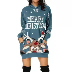 Women‘s Christmas Hoodie Dress Winter DressShort Mini Dress Red Black Long Sleeve Elk Tree Pocket Fall Winter Hooded Stylish Modern Loose Fit 2022 S M L XL XXL 3XL -Fashion Life Shop rowbly1668150192553