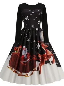 Women's Christmas Swing Dress Vintage DressKnee Length Dress Blue Royal Blue Light Blue Black Long Sleeve Santa Claus Elk Snowman Print Fall Winter Crew Neck Vacation Vintage 2022 S M L XL XXL 3XL -Fashion Life Shop rowzjk1665293402260