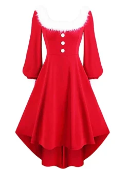 Women‘s Christmas Retro Elegant Vintage Dress Midi Dress Party Patchwork Button Plain Square Neck Long Sleeve Regular Fit Fall Winter 2023 Red S M L XL -Fashion Life Shop rozoju1694497706903