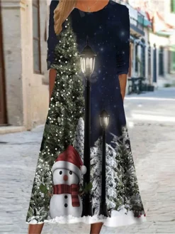 Women's Christmas Casual Dress Swing Dress Midi Dress Midi Dress Black Blue Navy Blue Half Sleeve Snowman Pocket Winter Fall Autumn Round Neck Fashion Christmas Daily 2022 S M L XL XXL 3XL -Fashion Life Shop rpjdhl1667815773186