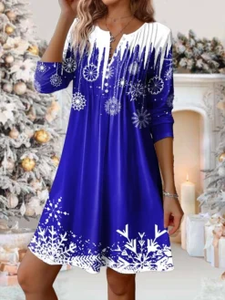 Women's Casual Dress Christmas Dress Winter Dress Snowflake Button Print Split Neck Mini Dress Fashion Streetwear Outdoor Christmas Long Sleeve Loose Fit Wine Navy Blue Blue Fall Winter S M L XL XXL -Fashion Life Shop rprfko1696669854993