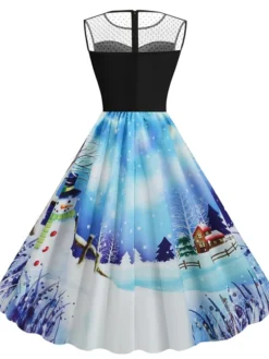 Women's Christmas Casual Dress Swing Dress Midi Dress Blue Royal Blue Dark Blue Light Blue Sleeveless Santa Claus Snowman Mesh Print Winter Fall Crew Neck Vacation Vintage 2022 S M L XL XXL -Fashion Life Shop rrbwpt1666597375184