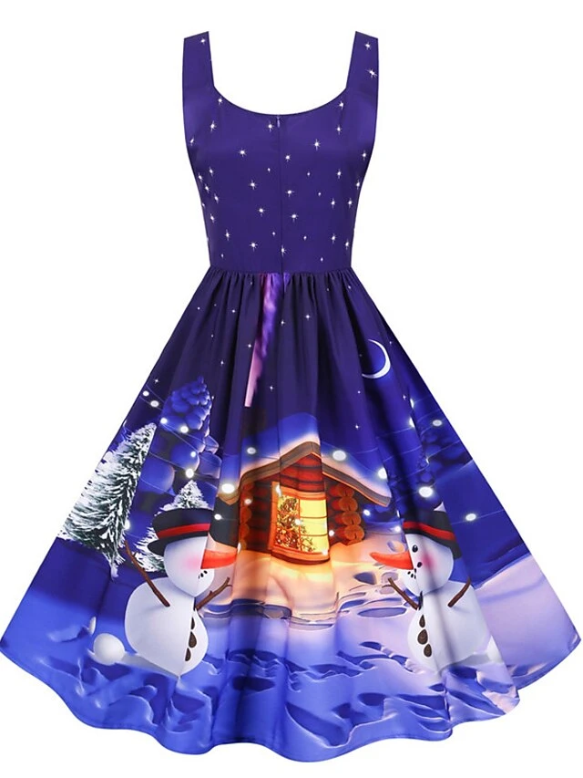 Women's Christmas Knee Length Dress Purple Black Red Navy Blue Light Blue Sleeveless Print Bow Print Fall Winter V Neck Casual Vintage2021 S M L XL XXL 4 Women's Christmas Knee Length Dress Purple Black Red Navy Blue Light Blue Sleeveless Print Bow Print Fall Winter V Neck Casual Vintage2021 S M L XL XXL - Image 4