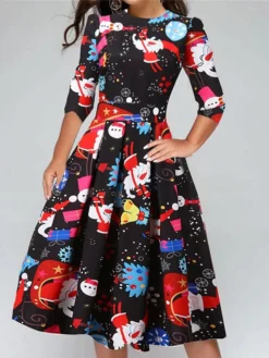 Women's Christmas Knee Length Dress Blue Orange Red Light Green Light Blue 3/4 Length Sleeve Floral Snowflake Animal Print Fall Winter Crew Neck Casual 2021 S M L XL XXL