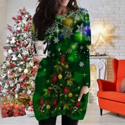 Women's Christmas T Shirt Dress Tee Dress Shift Dress Black Long Sleeve Animal Pocket Print Winter Fall V Neck Basic Casual Fall Dress Loose Fit S M L XL XXL 3XL / Winter Dress -Fashion Life Shop rtlqie1668235967614