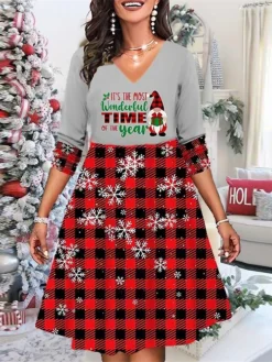 Women's Christmas Casual Dress Shift Dress Mini Dress Blue Red Gray Long Sleeve Plaid Letter Elk Print Winter Fall V Neck Vacation Casual 2022 XS S M L XL 2XL 3XL 4XL 5XL 6XL