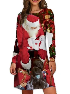 Women's Christmas Casual Dress T Shirt Dress Tee Dress Mini Dress Black And White Green Black Long Sleeve Santa Claus Print Winter Fall Spring Crew Neck Fashion Daily Vacation Loose Fit 2022 S M L XL