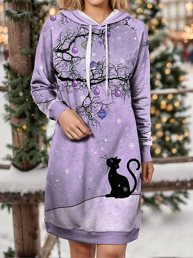 Women's Christmas Dress Hoodie Dress Mini Dress Warm Fashion Outdoor Christmas Holiday Hoodie Print Cat Loose Fit Pink Purple Khaki S M L XL XXL 2 Women's Christmas Dress Hoodie Dress Mini Dress Warm Fashion Outdoor Christmas Holiday Hoodie Print Cat Loose Fit Pink Purple Khaki S M L XL XXL - Image 2